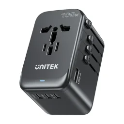 يونيتيك P1123ABK01 محول سفر عالمي GaN مع يو إس بي-سي 100 واط بي دي - EU/US/UK/AUS أسود UNITEK P1123ABK01 Universal GaN Travel Adapter with 100W USB-C PD - EU/US/UK/AUS Black
