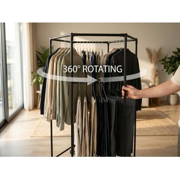 ستاند ملابس دوار 360 درجة مع عجلات، هيكل معدني 360-Degree Rotating Clothes Rack with Wheels, Black Metal Frame