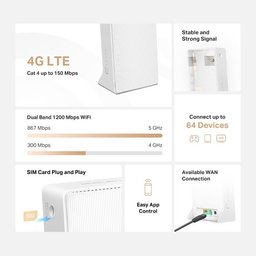 جهاز توجيه (راوتر) لاسلكي 4G LTE ثنائي النطاق AC1200 من Mercusys Mercusys AC1200 Wireless Dual Band 4G LTE Router-MB130-4G