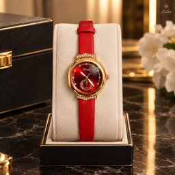 ساعة Disu الملكية الحمراء بالهيكل الذهبي المرصع | من متجر عشتار Disu Royal Red & Rose Gold Leather Watch | Ishtar Store
