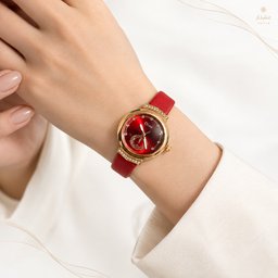 ساعة Disu الملكية الحمراء بالهيكل الذهبي المرصع | من متجر عشتار Disu Royal Red & Rose Gold Leather Watch | Ishtar Store