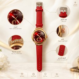 ساعة Disu الملكية الحمراء بالهيكل الذهبي المرصع | من متجر عشتار Disu Royal Red & Rose Gold Leather Watch | Ishtar Store