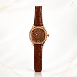 : ساعة الكلاسيك البنية ذات الميناء المثمن والهيكل المرصع | من متجر عشتار Classic Brown Octagon Leather Watch with Crystal Bezel |  Ishtar Store