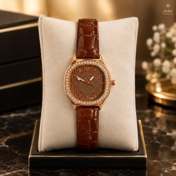 : ساعة الكلاسيك البنية ذات الميناء المثمن والهيكل المرصع | من متجر عشتار Classic Brown Octagon Leather Watch with Crystal Bezel |  Ishtar Store