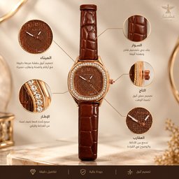 : ساعة الكلاسيك البنية ذات الميناء المثمن والهيكل المرصع | من متجر عشتار Classic Brown Octagon Leather Watch with Crystal Bezel |  Ishtar Store
