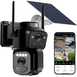 كاميرا مراقبة خارجية لاسلكية بعدستين مزدوجتين تعمل بالطاقة الشمسية wireless outdoor dual-lens solar security camera featuring a PTZ (pan-tilt-zoom) body, dual cameras