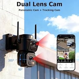 كاميرا مراقبة خارجية لاسلكية بعدستين مزدوجتين تعمل بالطاقة الشمسية wireless outdoor dual-lens solar security camera featuring a PTZ (pan-tilt-zoom) body, dual cameras