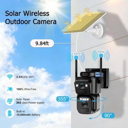 كاميرا مراقبة خارجية لاسلكية بعدستين مزدوجتين تعمل بالطاقة الشمسية wireless outdoor dual-lens solar security camera featuring a PTZ (pan-tilt-zoom) body, dual cameras