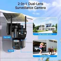 كاميرا مراقبة خارجية لاسلكية بعدستين مزدوجتين تعمل بالطاقة الشمسية wireless outdoor dual-lens solar security camera featuring a PTZ (pan-tilt-zoom) body, dual cameras