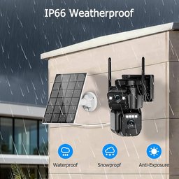 كاميرا مراقبة خارجية لاسلكية بعدستين مزدوجتين تعمل بالطاقة الشمسية wireless outdoor dual-lens solar security camera featuring a PTZ (pan-tilt-zoom) body, dual cameras
