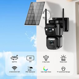 كاميرا مراقبة خارجية لاسلكية بعدستين مزدوجتين تعمل بالطاقة الشمسية wireless outdoor dual-lens solar security camera featuring a PTZ (pan-tilt-zoom) body, dual cameras