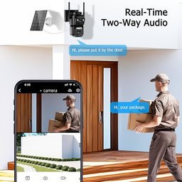 كاميرا مراقبة خارجية لاسلكية بعدستين مزدوجتين تعمل بالطاقة الشمسية wireless outdoor dual-lens solar security camera featuring a PTZ (pan-tilt-zoom) body, dual cameras
