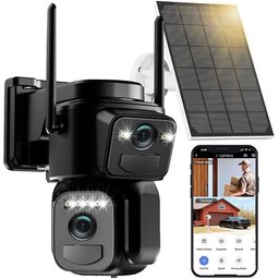 كاميرا مراقبة خارجية لاسلكية بعدستين مزدوجتين تعمل بالطاقة الشمسية wireless outdoor dual-lens solar security camera featuring a PTZ (pan-tilt-zoom) body, dual cameras