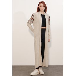 جاكيت صوف طويل 15690 - حجر 15690 Long Knit Cardigan - Stone