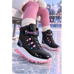 حذاء شتوي بناتي Muggo HUGGİE وردي بلمعة وقلب، لاصق ورباط Muggo HUGGİE Girls' Winter Boots - Glitter, Heart Detail, Velcro & Lace-up - Powder Pink