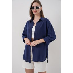 قميص نسائي أوفرسايز فيسكوز 3785 - كحلي Women's Oversize Viscose Shirt 3785 - Navy Blue