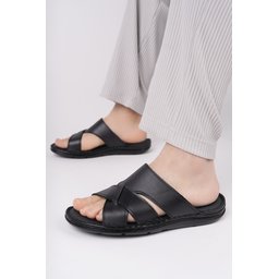 Muggo حذاء رجالي يومي من الجلد الطبيعي مريح ونعل طبي - أسود Muggo Men's Daily Genuine Leather Comfortable Orthopedic Slippers - Black