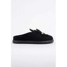 Muggo FRİNGE حذاء لوفر نسائي مريح من الجلد السويدي بتفاصيل فيونكة وشرابة - أسود Muggo FRİNGE Women's Suede Leather Bow Detail Tassel Loafer Slippers - Black