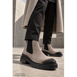 بوت تشيلسي رجالي Muggo BRAWN جلد طبيعي عتيق بنعل سميك - رملي Muggo BRAWN Men's Genuine Leather Vintage Toe Elastic Thick Sole Chelsea Boots - Sand