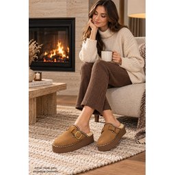 شبشب نسائي شتوي يومي Muggo MAYRA مبطن بالفرو مع إبزيم - توباكو Muggo MAYRA Women's Buckled Faux-Fur Lined Winter Daily Slipper - Taba