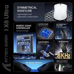 ماوس ألعاب أتاك شارك X8 ألترا لاسلكي فائق الخفة بدقة 42000 DPI ومعدل استجابة 8K ATTACK SHARK X8 ULTRA Tri-Mode Wireless Gaming Mouse – 42,000 DPI, 8KHz