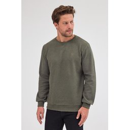 سويتشيرت رجالي بيسك بياقة دائرية، قصة عادية، قطن، لون كاكي Men's Khaki Standard Fit Regular Cut Cotton Basic Crew Neck Sweatshirt