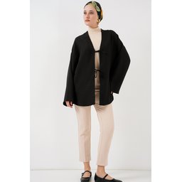 كيمونو حجاب كتان 5968 - أسود Linen Modest Kimono 5968 - Black
