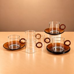 طقم فناجين قهوة زجاجية مع صحون – عسلي Amber Glass Coffee Cups with Saucers Set