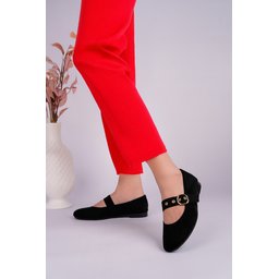 حذاء باليه نسائي Muggo HALSEY ذهبي بإبزيم جلد - أسود Muggo HALSEY Gold Buckle Leather Women's Ballet Flats - Black