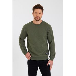 سويت شيرت رجالي بياقة دائرية وتفاصيل ملصق، مبطن بالقطن - كاكي Men's Crew Neck Cotton Lined Sweatshirt with Label Detail - Khaki