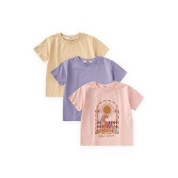 طقم تي شيرت بناتي 3 قطع - ليلكي، أصفر، بودرة (2-10 سنوات) Girls' T-Shirt 3-Piece Set - Lilac, Yellow, Powder (Ages 2-10)