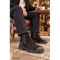 حذاء تشيلسي رجالي Muggo BRAWN جلد طبيعي أسود بنعل سميك Muggo BRAWN Genuine Leather Distressed Toe Elastic Thick Sole Men's Chelsea Boot - Black