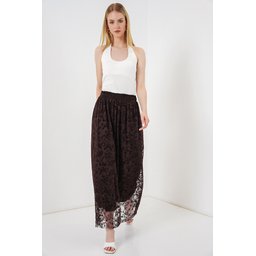تنورة نسائية مبطنة بطبعة فلوك 8076 - بني Women's Flocked Print Lined Skirt 8076 - Brown