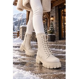 بوت نسائي Muggo CALVENA شتوي مبطن بالفرو بسحاب ونعل سميك مانع للانزلاق - بيج Muggo CALVENA Women's Winter Fur-Lined Boots with Zipper, Chunky Non-Slip Sole - Beige