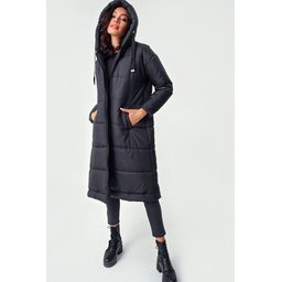 جاكيت منفوخ طويل بغطاء رأس 5120 - أسود 5120 Hooded Long Puffer Jacket - Black