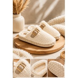 Muggo CLAY شبشب نسائي شتوي من الفرو الصناعي مع إبزيم - بيج Muggo CLAY Women's Plush Winter House Slippers with Buckle - Beige