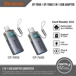 محول نقل USB-A إلى Lightning 2 في 1 مع قارئ بطاقة TF مدمج مع حبل ( توصيلة ) MC 2-in-1 USB-A to Lightning Transfer Adapter Built-in TF Card Reader with Lanyard