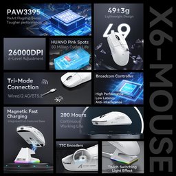 ماوس ألعاب أتاك شارك X6 فائق الخفة مع قاعدة شحن مغناطيسية وإضاءة RGB ATTACK SHARK X6 Tri-Mode Wireless Gaming Mouse with Magnetic Charging Dock