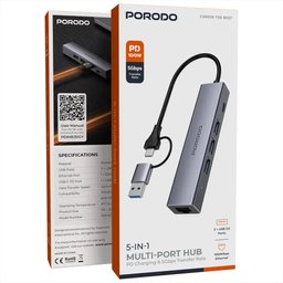 موزع ومحول متعدد المنافذ 5 في 1 مع شحن سريع PD وسرعة نقل 5 جيجابت/ثانية 5-in-1 Multi-Port Hub with PD Charging & 5Gbps Transfer Rate