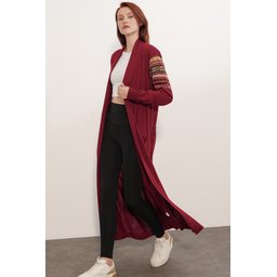 جاكيت كارديجان تريكو طويل 15690 - خمري 15690 Long Knitted Cardigan - A.Bordo