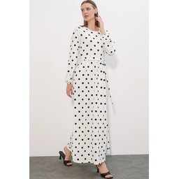 فستان نسائي طويل منسوج منقط 1525 - أبيض 1525 Women's Long Knitted Polka Dot Dress - White