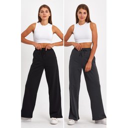 بنطلون رياضي نسائي فضفاض مريح بجيوب جانبية - أسود-فحمي (قطعتان) Women's Loose Fit Wide Leg Tracksuit Bottoms with Side Pockets - Black-Anthracite (2-Pack)