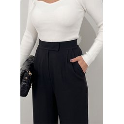 بنطلون بالازو نسائي أسود بخصر عالٍ ومرن مع جيوب Women's Black High-Waist Palazzo Pants with Pockets and Velcro Closure