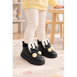 Muggo PIPA حذاء شتوي بناتي فرو داخلي بفيونكة وأذني أرنب - أسود Muggo PIPA Girls' Winter Boots with Rabbit Ears, Bow, Faux Fur Lining - Black