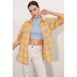 قميص نسائي 3854 كاروهات بجيبين - خردلي 3854 Women's Plaid Double Pocket Oversize Shirt - Mustard