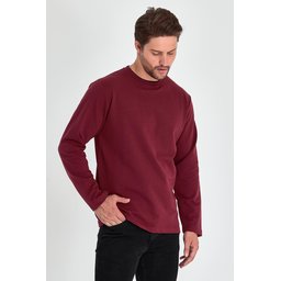 سويت شيرت رجالي مريح بقصة عادية وياقة دائرية مزدوجة - عنابي Men's Burgundy Double Crew Neck Standard Relaxed Fit Sweatshirt