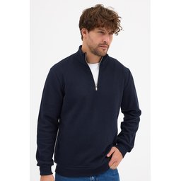 سويت شيرت رجالي كحلي بياقة واقفة وسحاب نصفي، قصة عادية من القطن Men's Navy Standard Fit Half-Zip Stand-Up Collar Cotton Sweatshirt