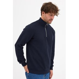 سويت شيرت رجالي كحلي بياقة واقفة وسحاب نصفي، قصة عادية من القطن Men's Navy Standard Fit Half-Zip Stand-Up Collar Cotton Sweatshirt