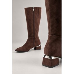 حذاء نسائي MUGGO COLLİE طويل بكعب مدبب وسحاب جانبي - بني سويدي MUGGO COLLİE Women's Pointed Toe Side Zipper Heeled Boots - Brown Suede