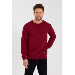 سويتشيرت رجالي بياقة دائرية وتفاصيل ملصق، مبطن بالقطن - BORDO Men's Crew Neck Cotton Lined Sweatshirt with Label Detail - BORDO